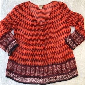 LUCKY BRAND SHEER CHEVRON PAISLEY PATCHWORK BLOUSE